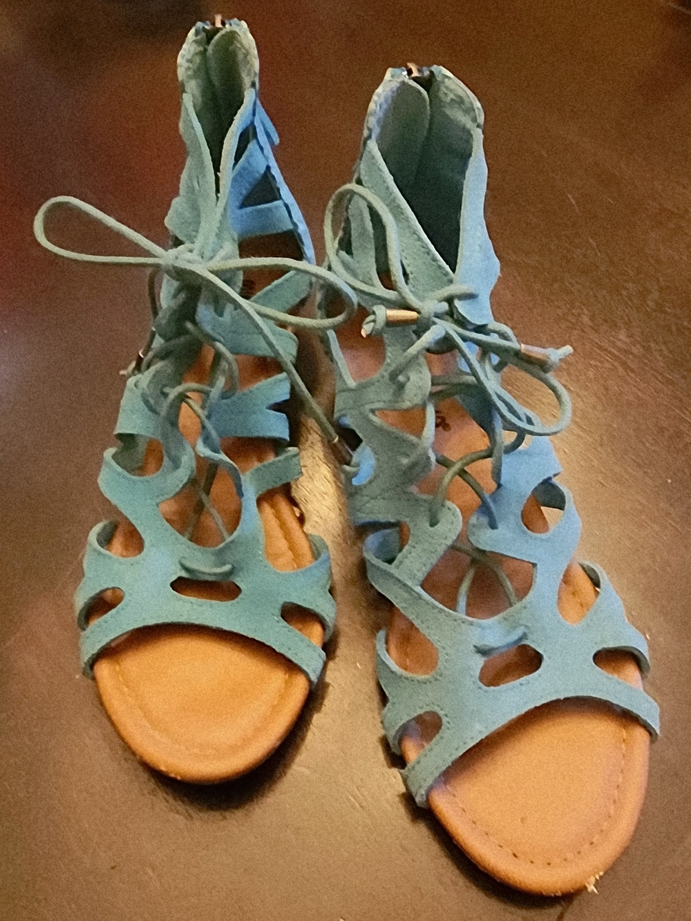Minnetonka Teal Lace-Up Cutout Sandals
